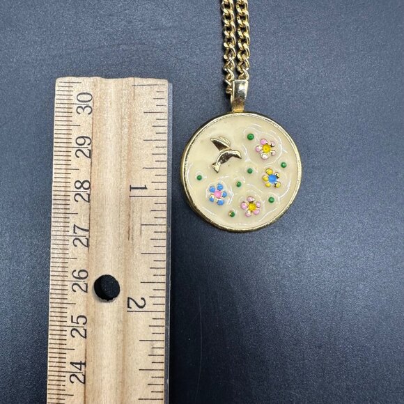 Hummingbird Flower Pendant Necklace Enamel Gold Tone 18" Chain Whimsical Nature - Picture 6 of 7